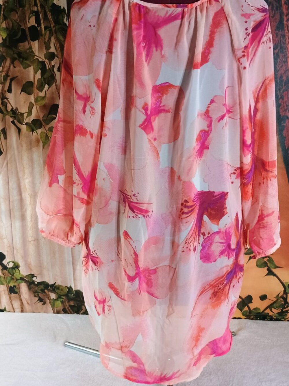 EUC a.n.a Sz1X Pink & Orange Floral Chiffon Boho Tunic Blouse Tie Neck Sheer Top - Picture 2 of 7